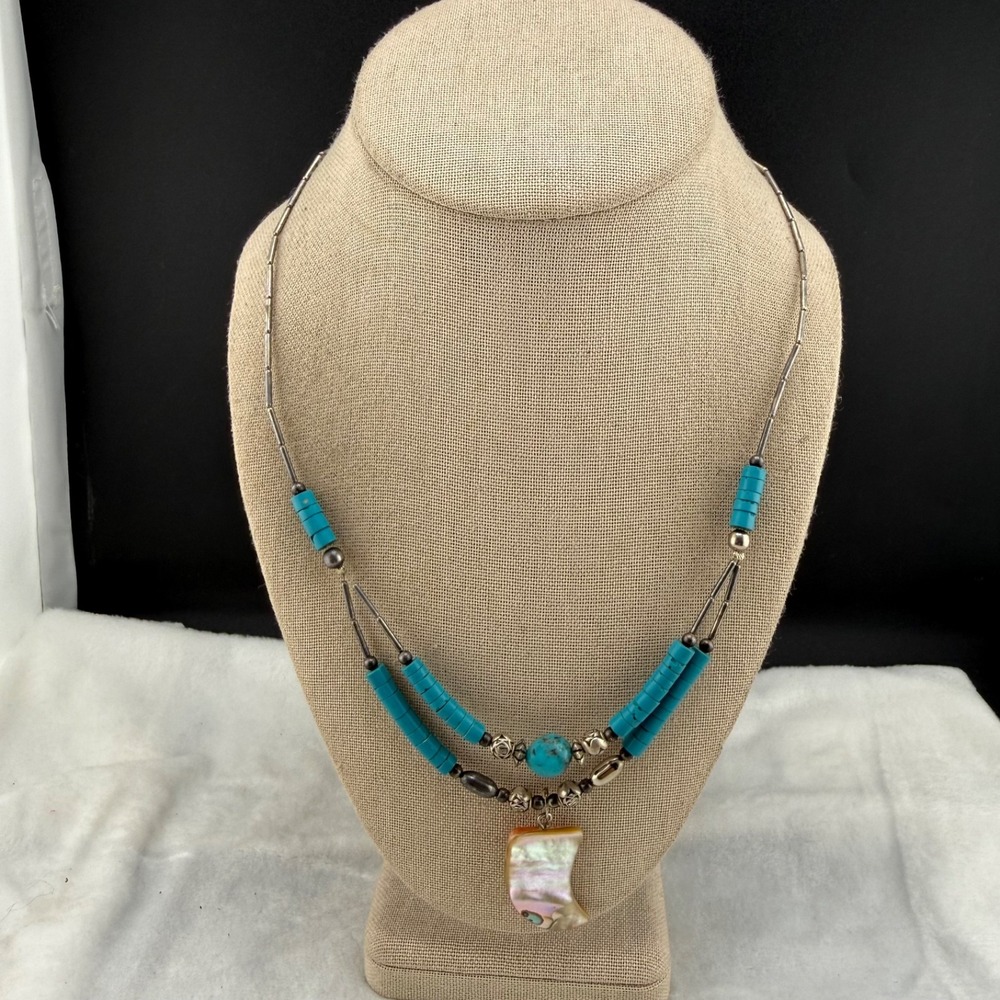 Vintage Estate Beaded Necklace Silver Turquoise Abalone Shell Layered 24"